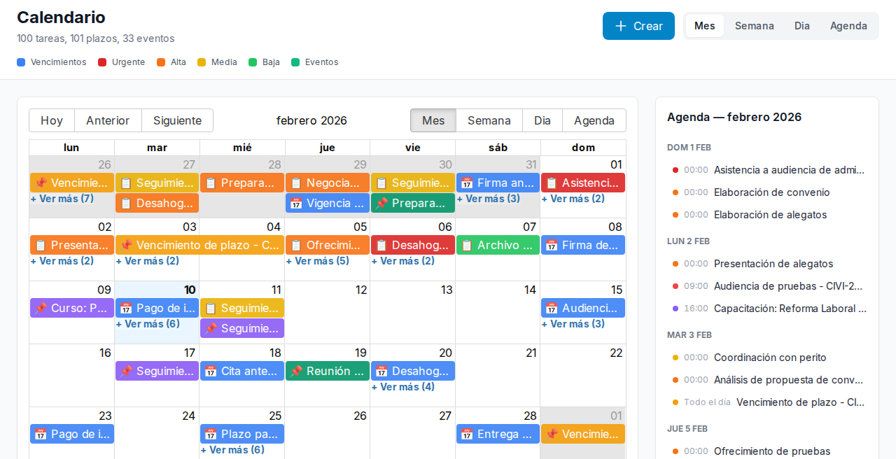 Iurefficient calendar in month view with deadlines, tasks and events from several matters and the month’s agenda on the right
