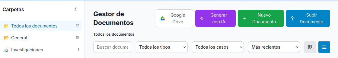 Gestor de documentos de Iurefficient con el panel de carpetas, el buscador y los filtros por tipo y caso