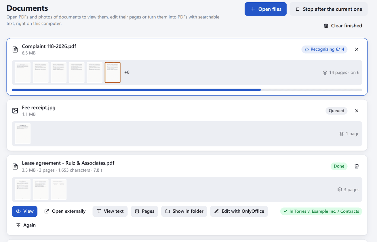 IureOCR queue with one file being recognized, one queued, one finished and one that already had text