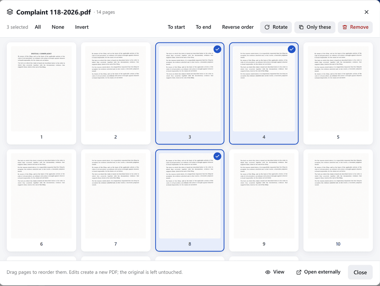 IureOCR page tools: thumbnails with selected pages to rotate, keep or remove