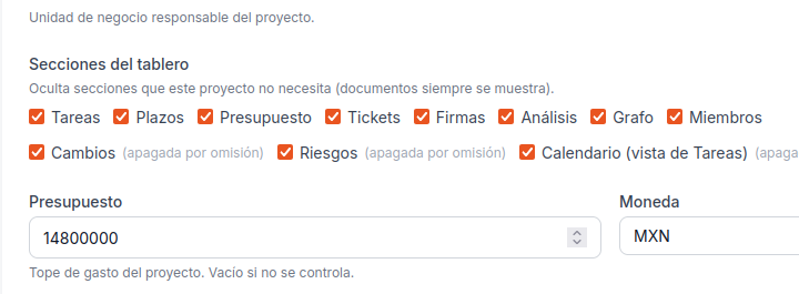 ¿Que hay de nuevo? v4.61 – Cada proyecto decide si usa cambios, riesgos y presupuesto.